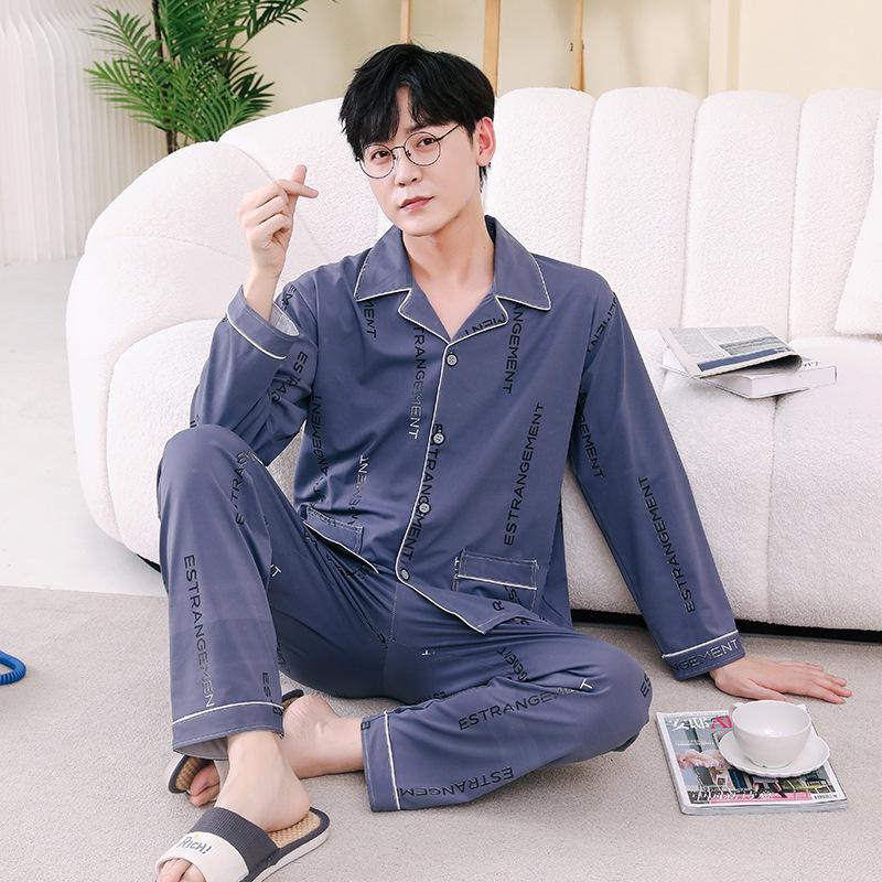 Men's Printed Long Sleeve Knit Cotton Pajama Set with Cardigan Lapel for Spring, Autumn, Winter
