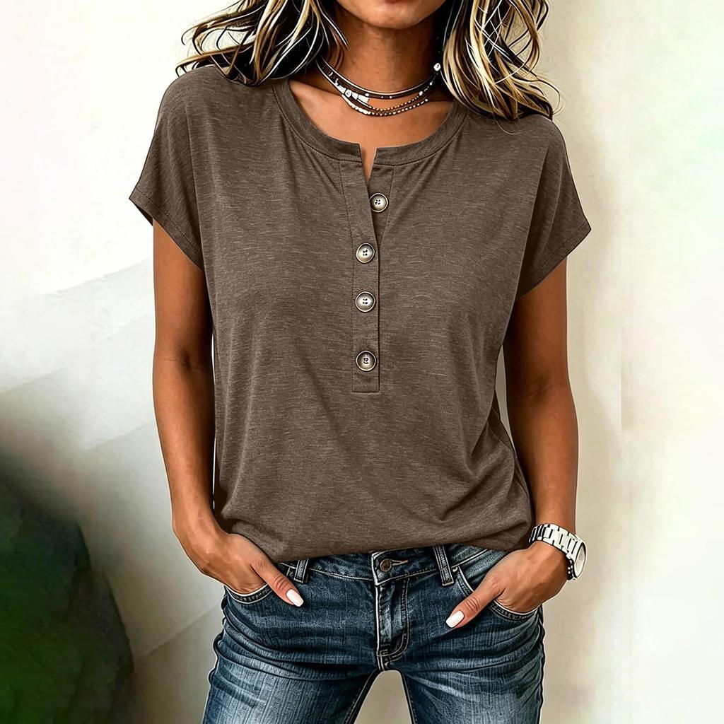 Women's Casual V Neck Button Down Short Sleeve Top Lightweight Soft Fabric Relaxed Fit Blouse Suitable for Daily Wear and Outdoor Activities