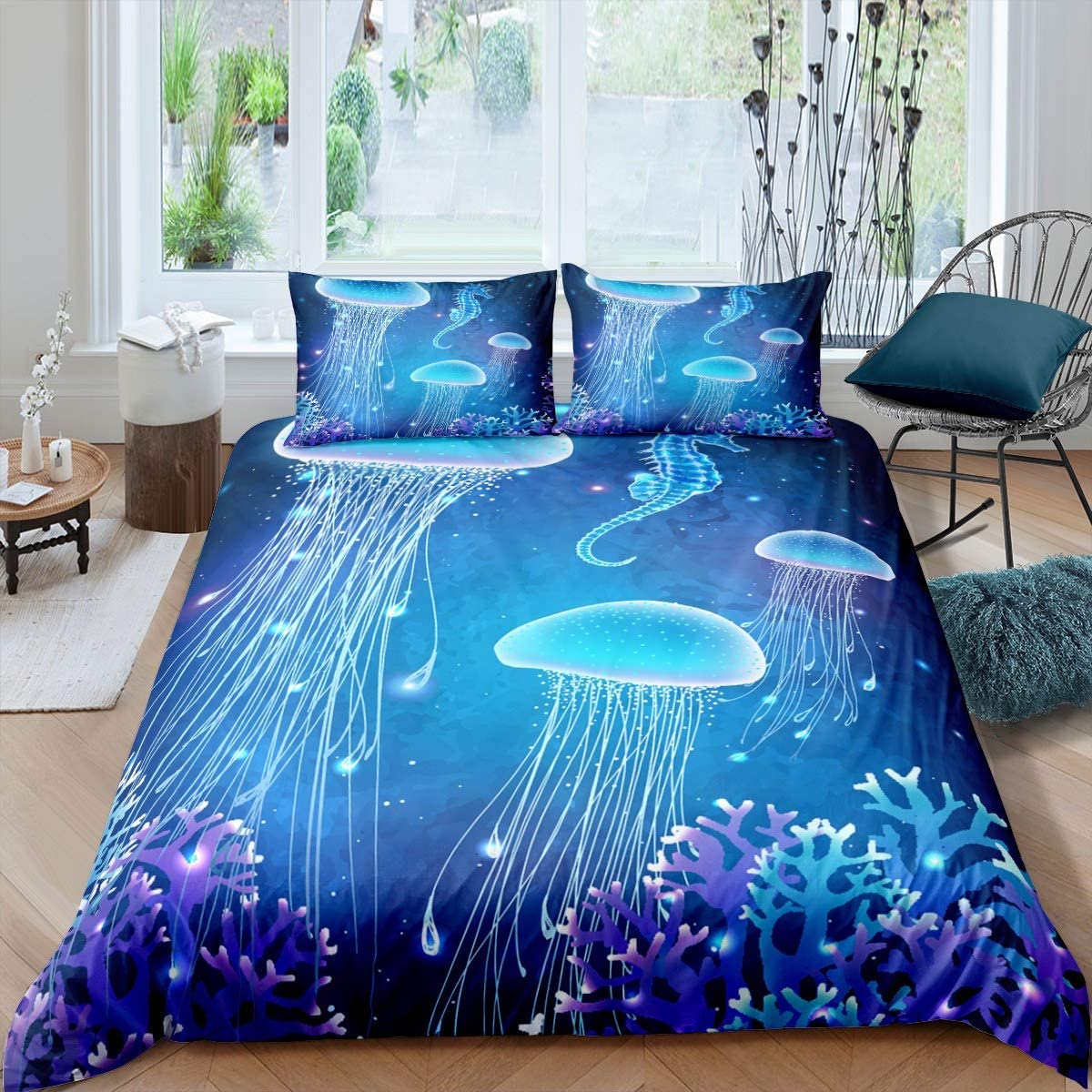 Parure de lit Méduse Queen, Housse de couette Océan Nautique pour Enfants Garçons Filles, Housse de couette Plage Hawaï Ados Animal Marin Mignon EU single(135x200cm)