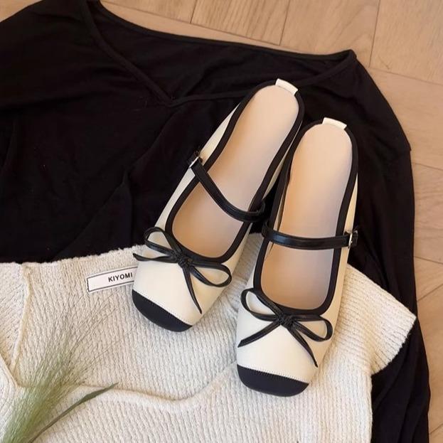 Grape Mother Same French Inner Height Increase Age Reduction Bow Word Ballet Half Drag Sandals Leather Women's Single Shoes Summer