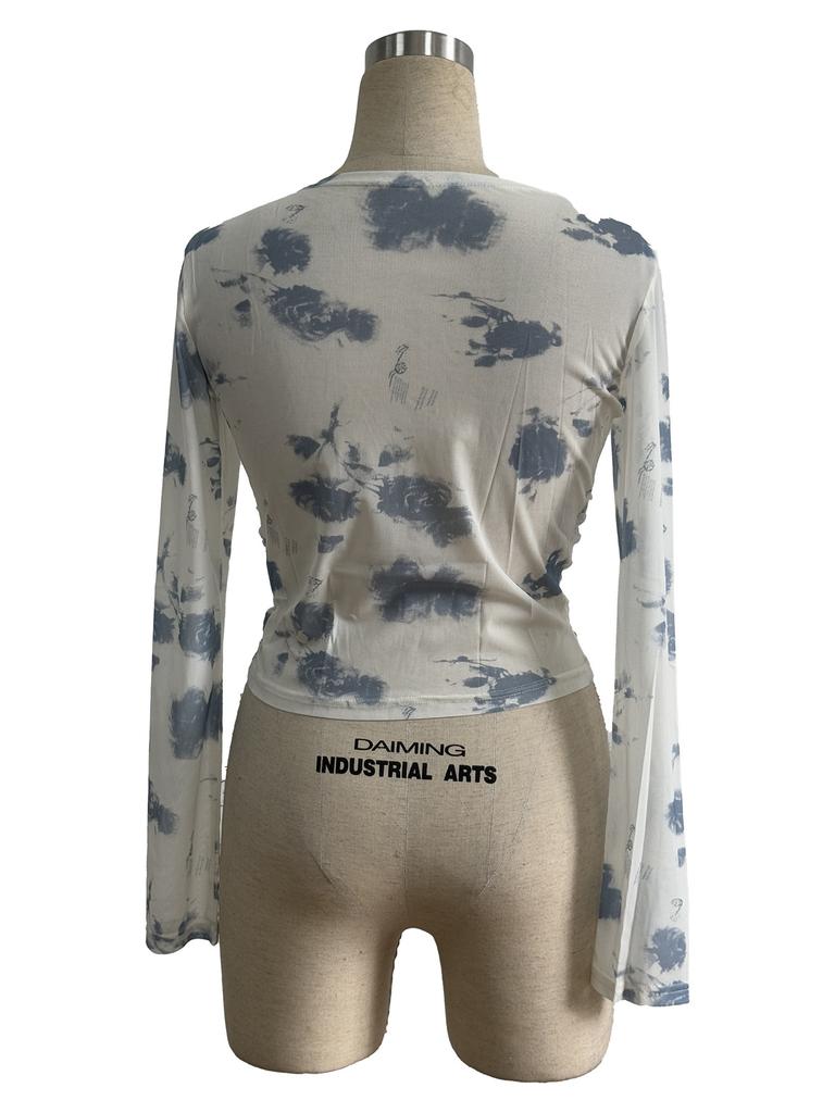 Spring Women's Floral Mesh Print Ruched Side Mini Top Women Fashion Daily Basic Office Lady Casual Slim Fit Ladies Elegant Women Long Sleeve Top