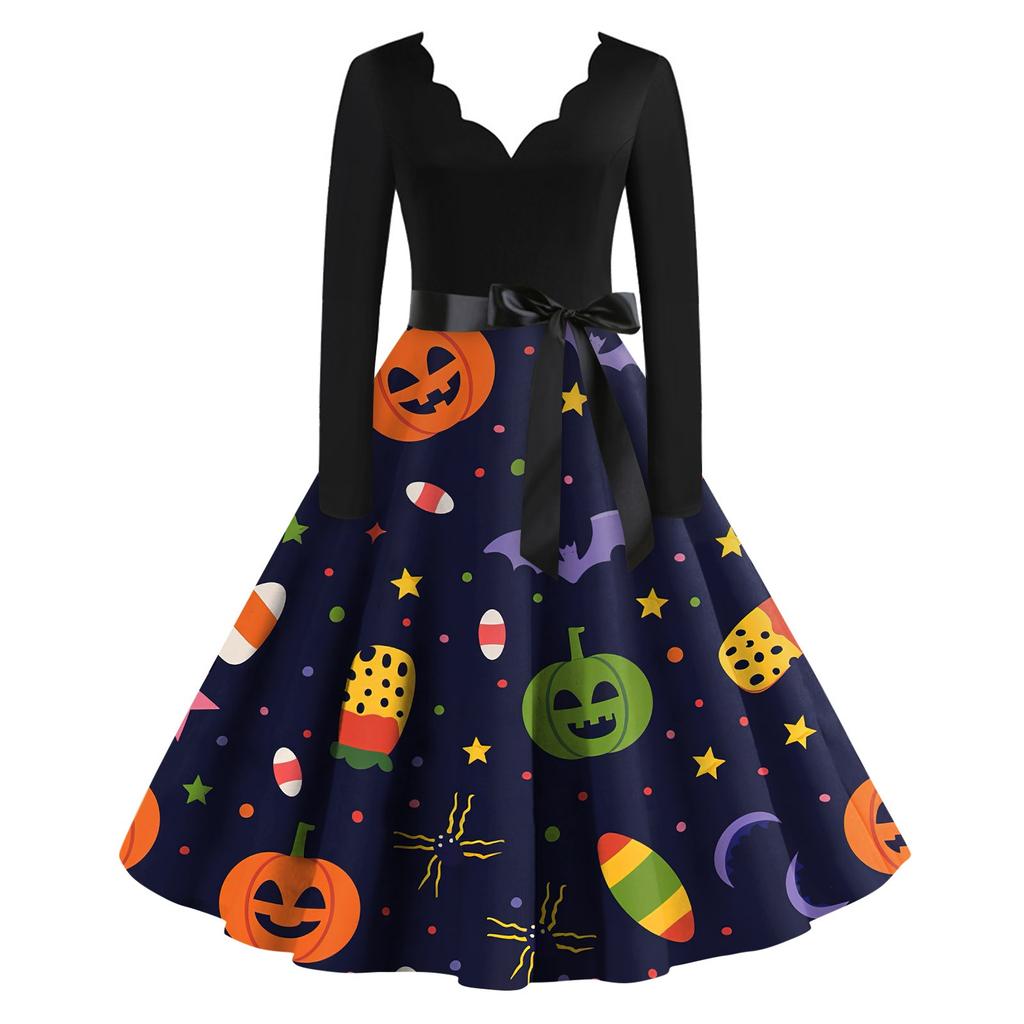 Lässiges Vintage-Kleid mit V-Ausschnitt und Halloween-Print für Damen