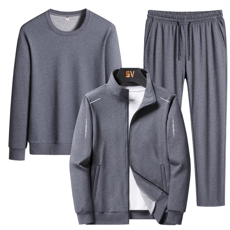 Plus Size Men's Casual Three-Piece Sports Jacket Set for Middle-Aged and Elderly - Loose Fit Sweatshirt for Spring and Autumn