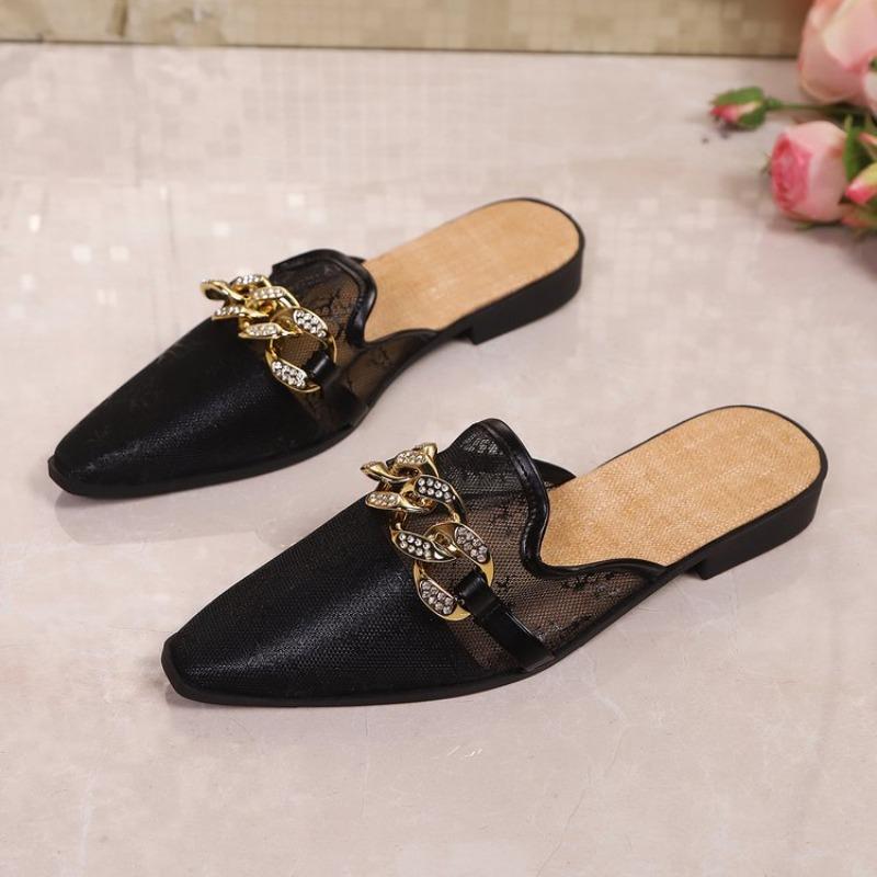 Spring 2025 new women's mules Pointed slippers outdoors Muller Fashion metal chain design Office casual shoes Large size