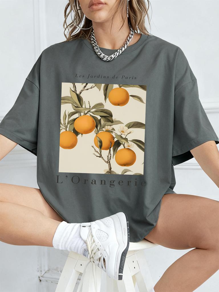 Fresh Oranges Fruits Print Short Sleeve TShirts Womens Summer Cotton Tee Shirts Loose ONeck Soft Tops Casual Womans Clothes