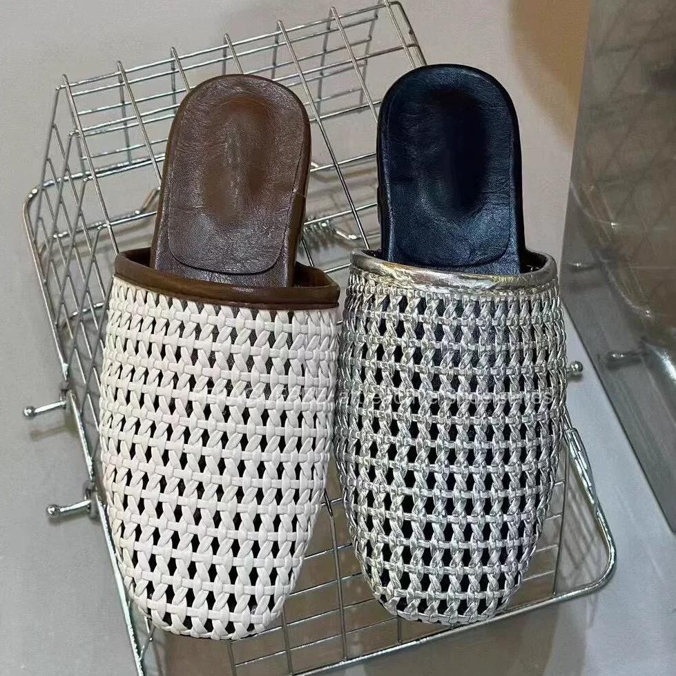 Sheepskin version~ Korean version woven hollow bag head half slippers women's 2025 new summer thick bottom flat bottom sandals outside wear