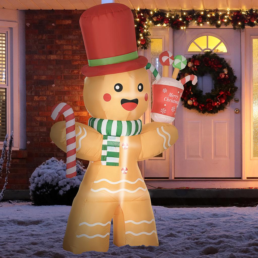 7.5ft Christmas Inflatable Gingerbread Man with Candy Cane, Blow-Up Outdoor Garden Display for Lawn, Party