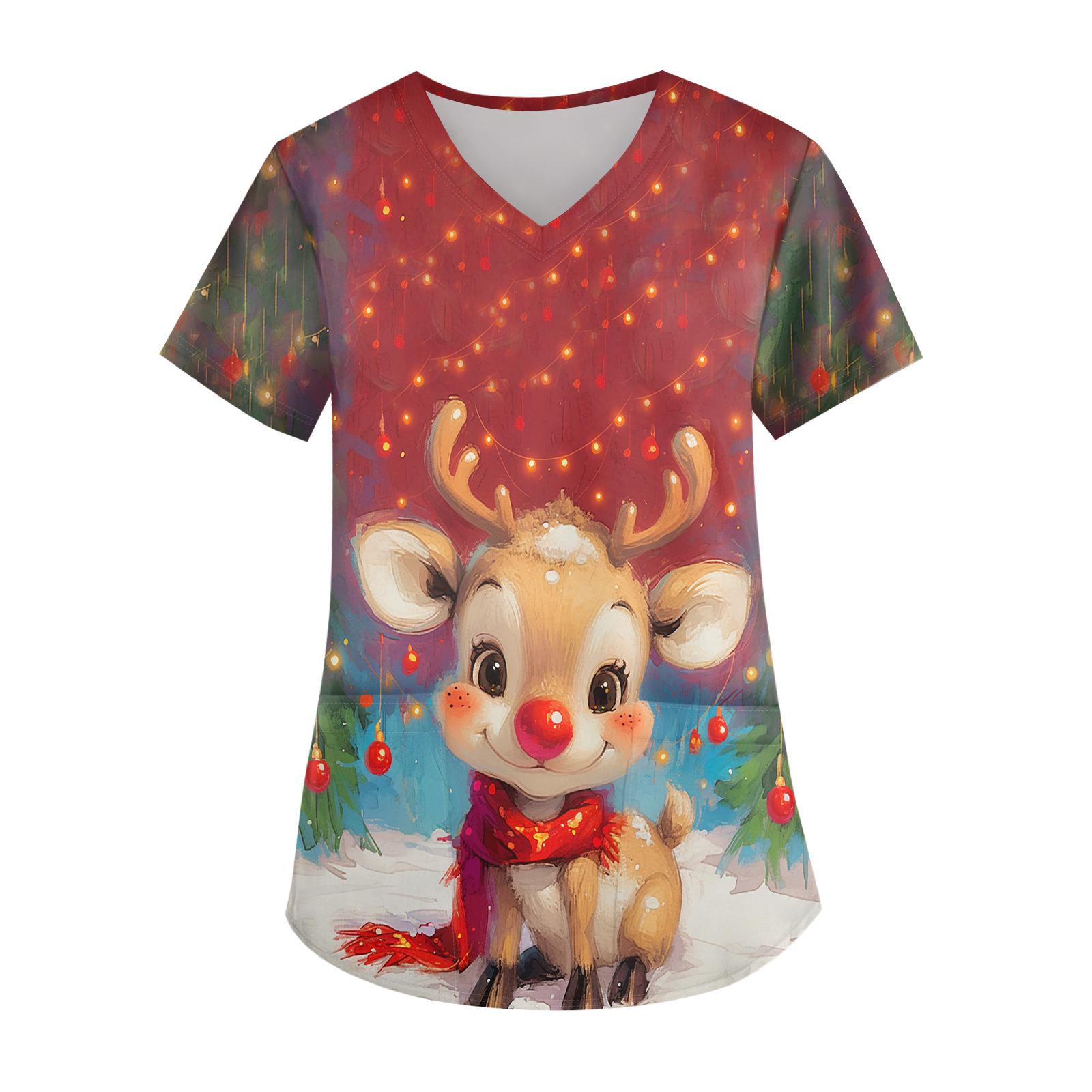 

Женская рождественская модная блуза с V-образным вырезом, карманом и коротким рукавом, униформа и топ для воспитателя XL арбуз красный