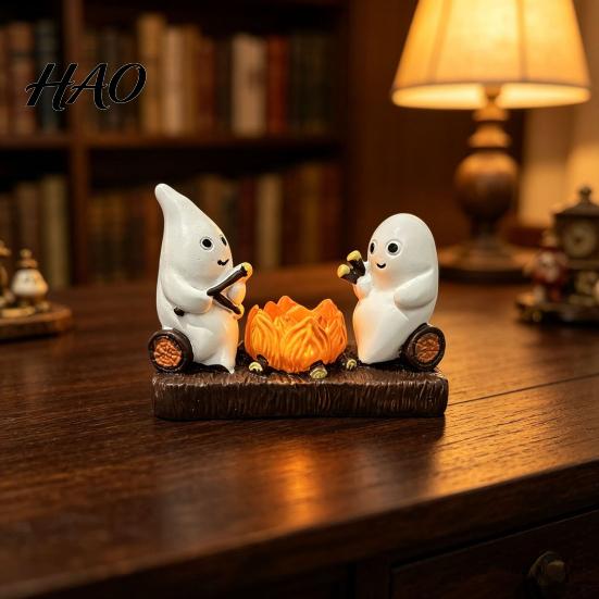 Night Atmosphere Light Base Cute Ghost And Bonfire Figurine, Resin Campfire Ornament for Halloween Tabletop Gift Friends Decor, Cartoon Double Statue
