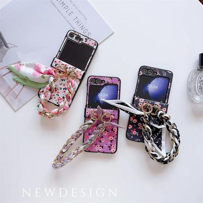 Capa de couro sintético com proteção de dobradiça e pulseira de corrente tipo cachecol para Samsung Galaxy Z Flip 6 5 4 3 5G