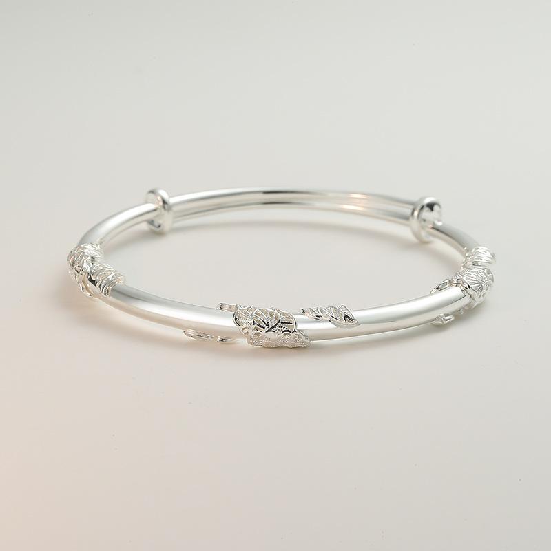 Zuyin S999 Sterling Silver Leaf náramek pro ženy s minimalistickým designem, nastavitelný květinový náramek push-pull