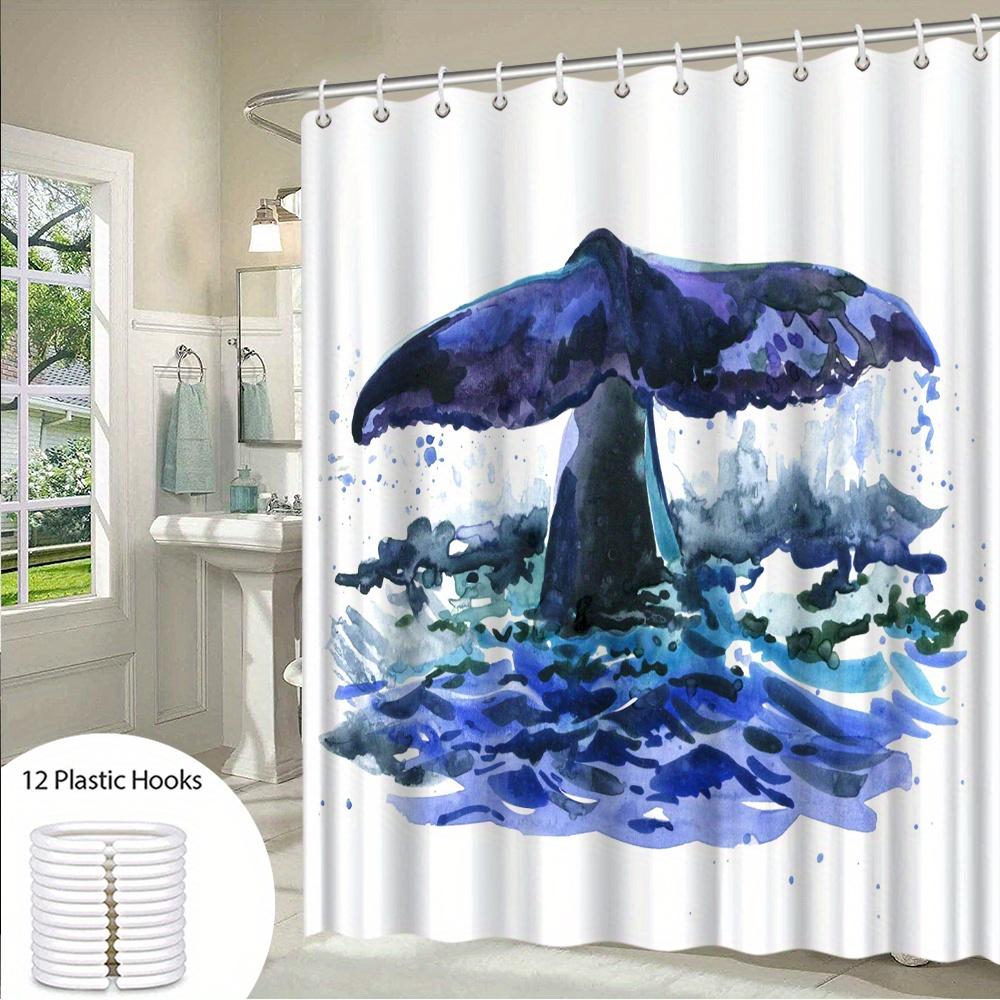 Majestic Whale Tail Shower Curtain - Watercolor, Whale Emerging from Ocean, Blue & White Impressionistic Style