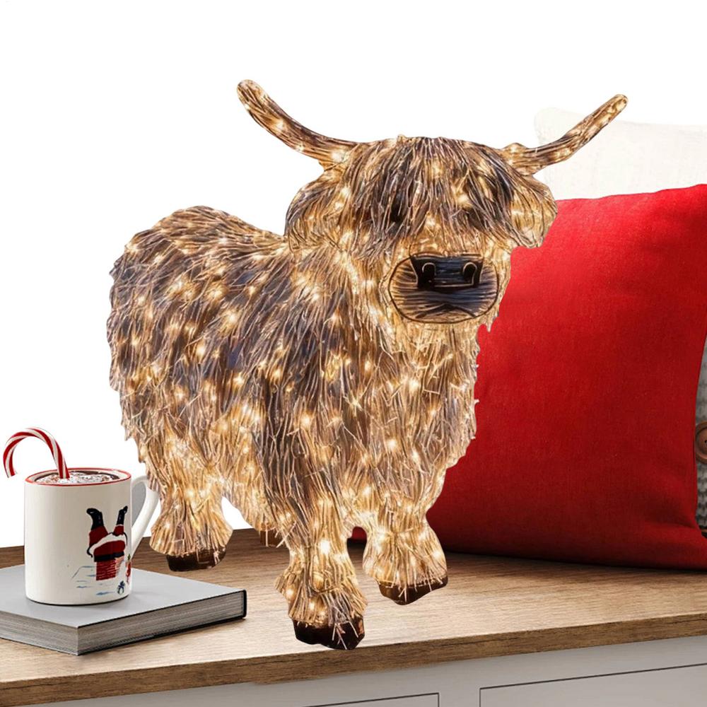 Vaca Highland de Palha Luminosa 3D 11 Polegadas de Altura Vaca de Resina Iluminada Estatueta Decoração de Jardim ao Ar Livre Quintal Gramado Casa de Fazenda Varanda Fazenda