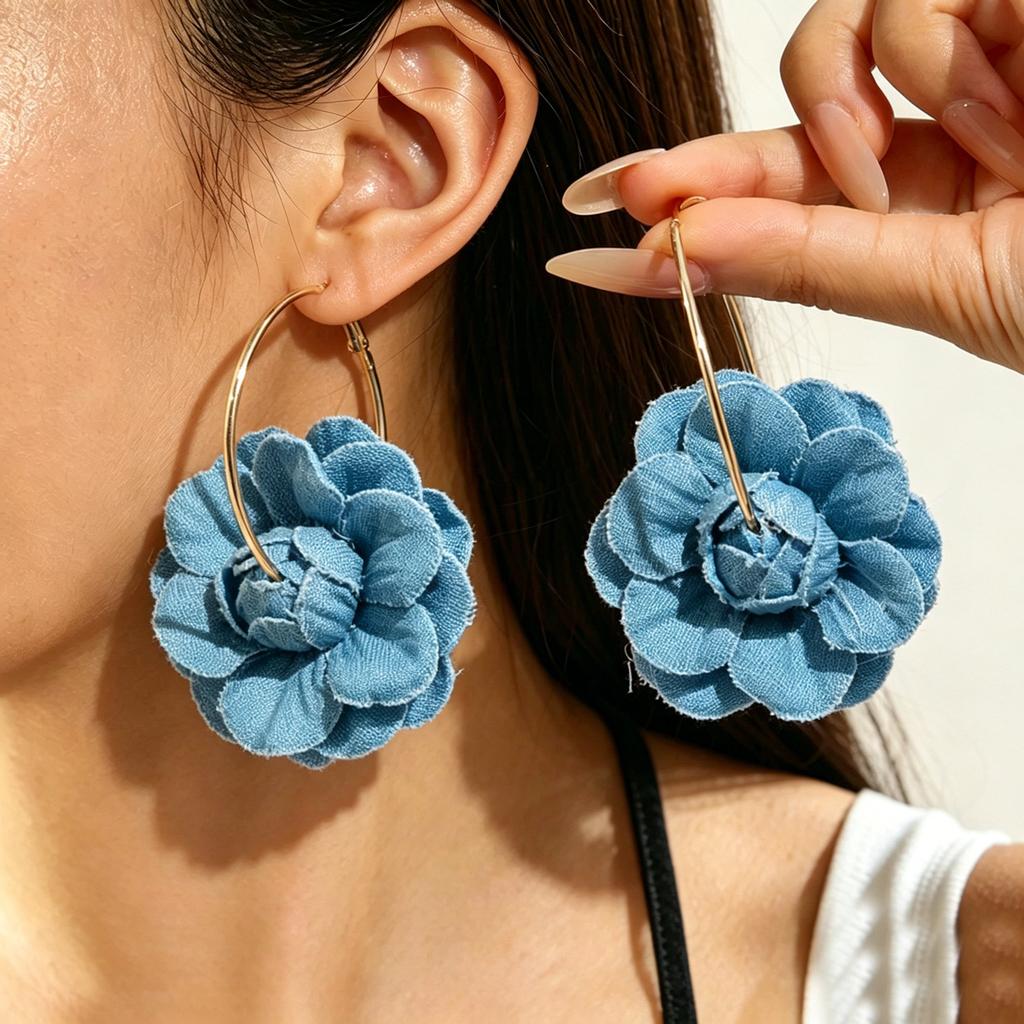 European and American fashion women's earrings, geometric three-dimensional handmade denim flower design earrings, versatile and high-end earrings