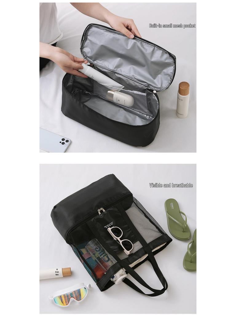 Waterproof Mesh Beach Bag, Large Capacity, Dry/Wet Separation, Double Layer, Portable Picnic Bag, Multifunctional and Simple Design.
