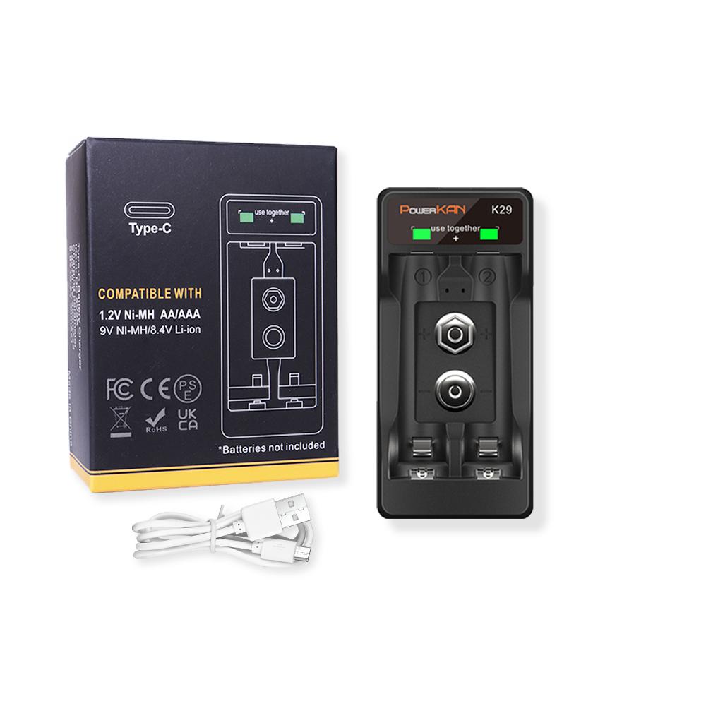 POWERKAN K29 for 9V Ni-MH/8.4V Li-ion&1.2V Ni-MH: AA/AAA Battery Charger 2-Slot Portable Small 3 Color Choices K29-Black