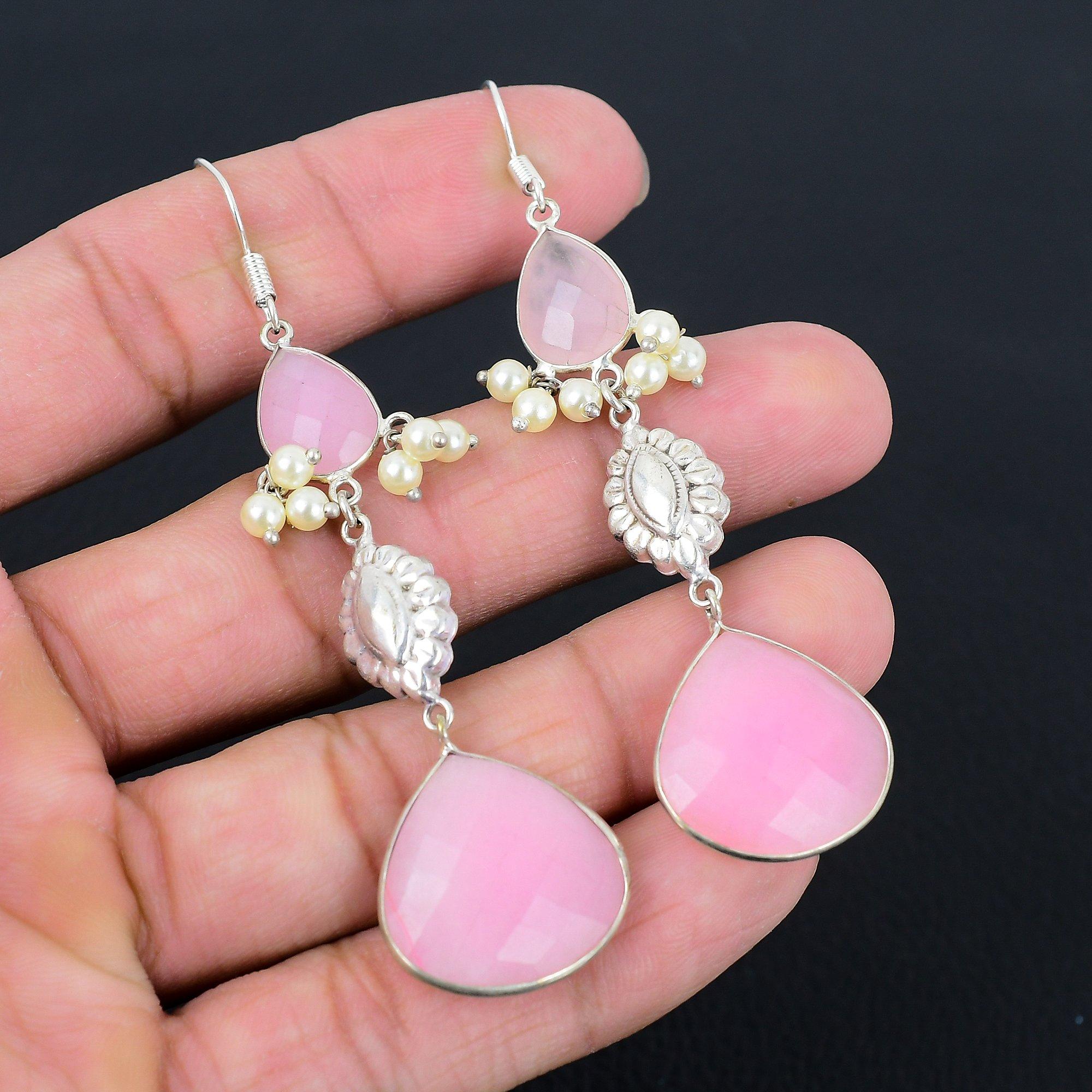 

Хэллоуин Сделка Розовый Халцедон Камень Серебро 925 Пробы Подвесные Мать Свадебные Серьги