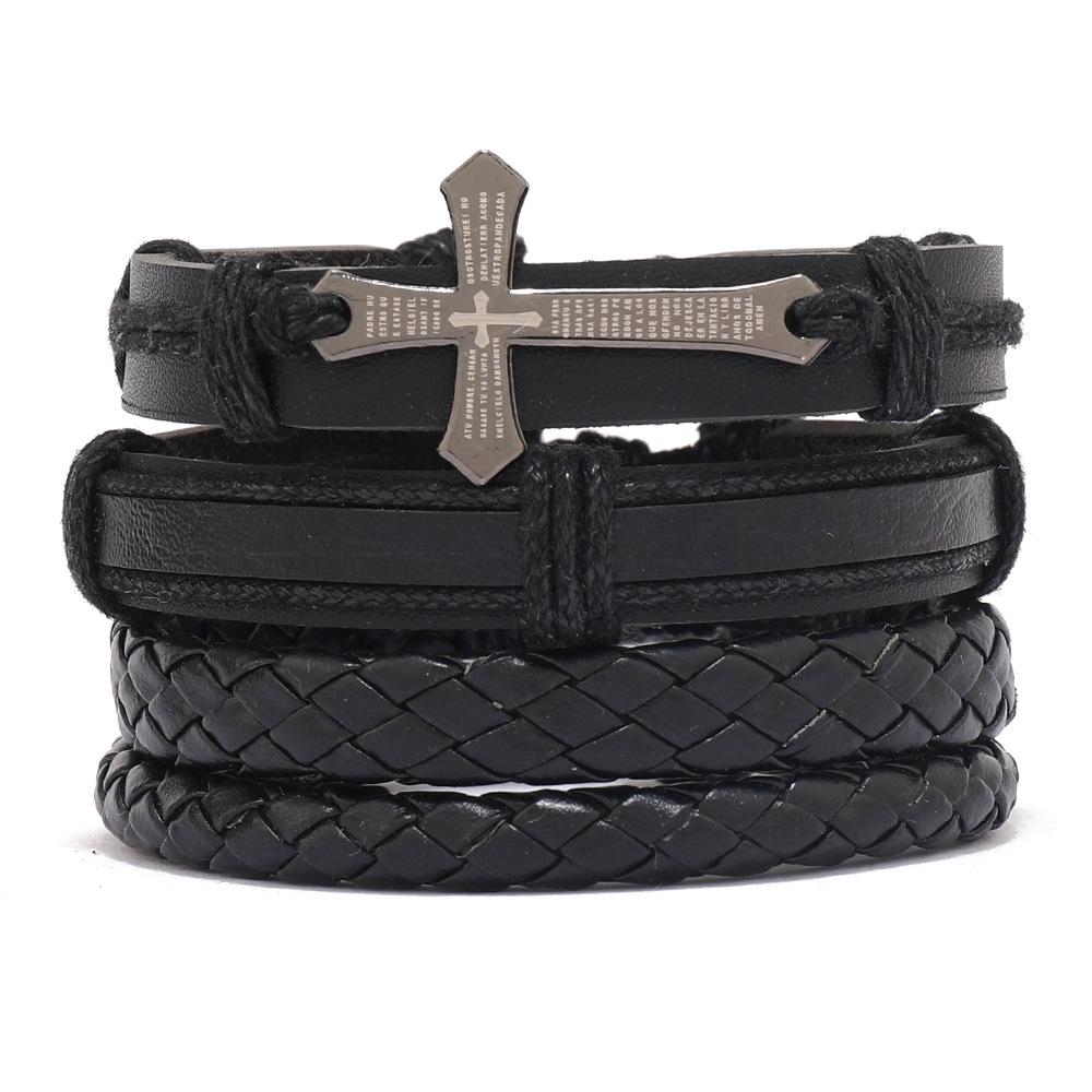 

Унисекс Черный Кожаный Ретро Многослойный Браслет с Крестом