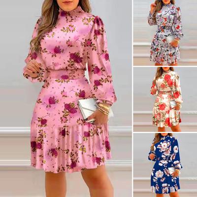 Gestapelt Kragen Langarm Elastische Taille High-Taille Mini Kleid Blumen Druck Rüschen Nähte Saum Sommer Kleid Weibliche Kleidung