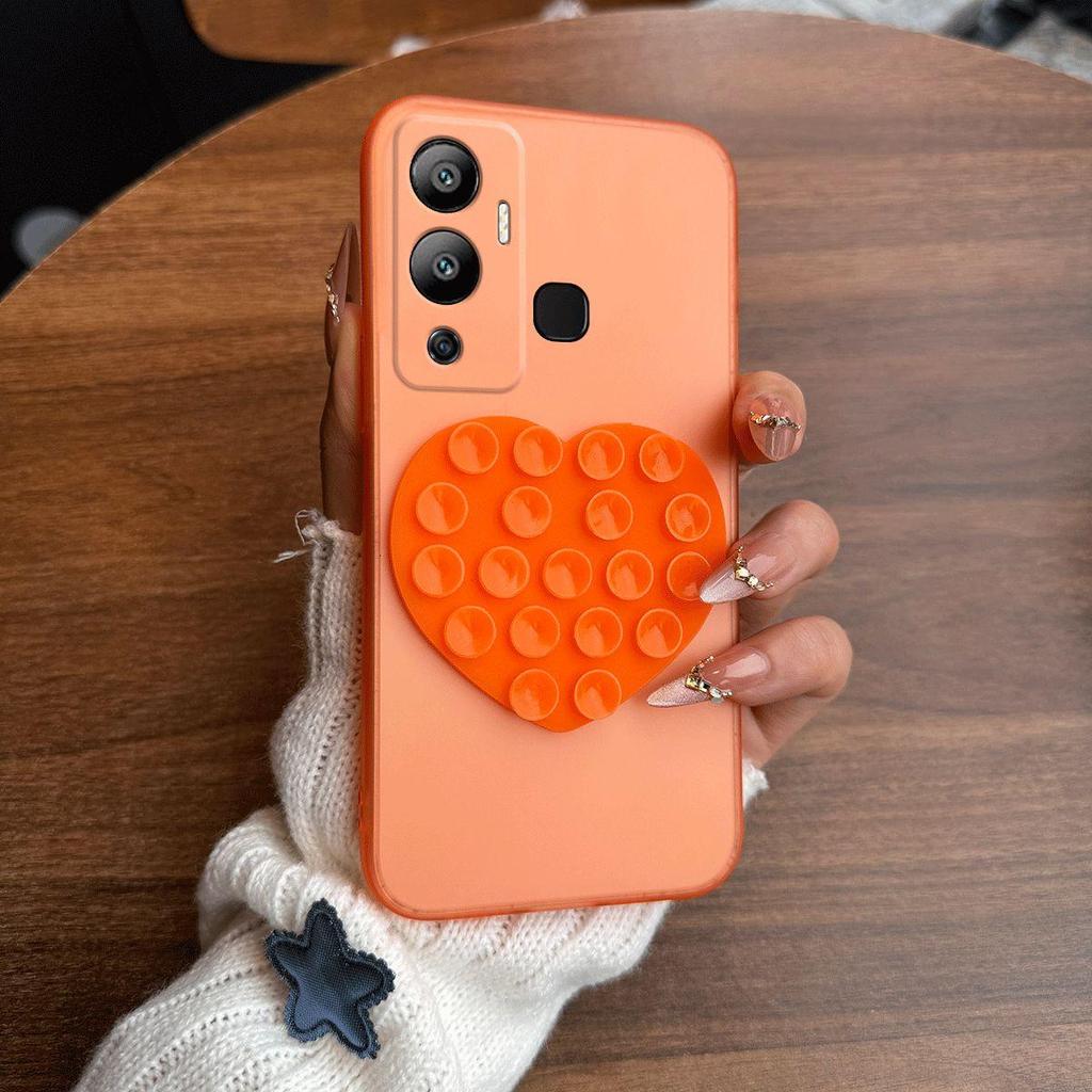 Heart Shape Suction Cup Phone Case for Infinix HOT 12 Play Semi Transparent Matte Shockproof Soft TPU Cover