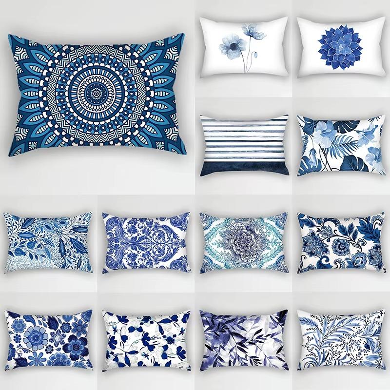 Blue Ink Flowers and Leaves Stripes Pattern Print Decoration Bedroom Living Room Office Home Rectangle Pillowcase