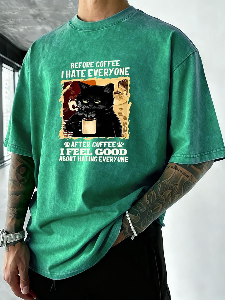 After Coffee Cat Feel Good Print Men Washed TShirt Retro Crewneck T Shirts Hip Hop Loose Clothes Summer Cotton Streetwear