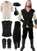 Set Costum Renascentist Halloween pentru Bărbați, 6 Piese: Vestă Medievală, Cămașă, Pantaloni cu Benzi la Gleznă, Curea Vikingă, Pungă pentru Braț