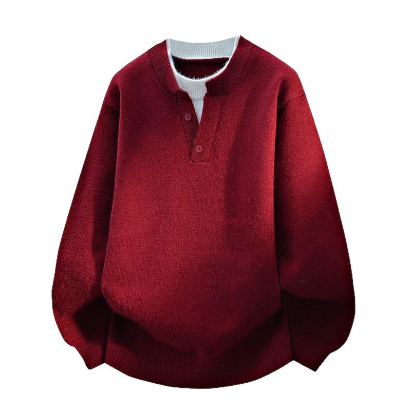 Men's Loose Casual Red Knit Henley Sweater - Autumn/Winter Trend