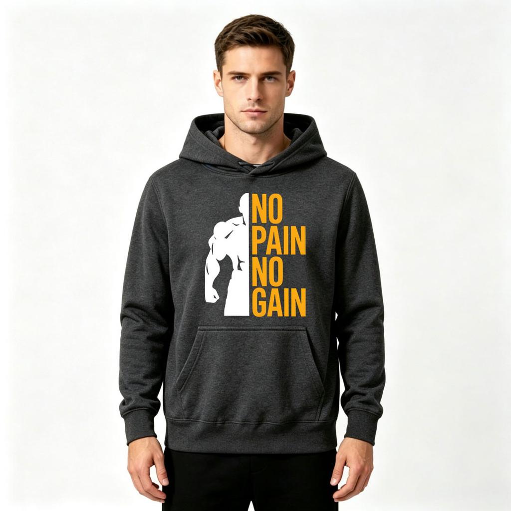 Men's No Pain No Gain Print Pullover Hoodie Casual Long Sleeve Athletic Sweatshirt for Men