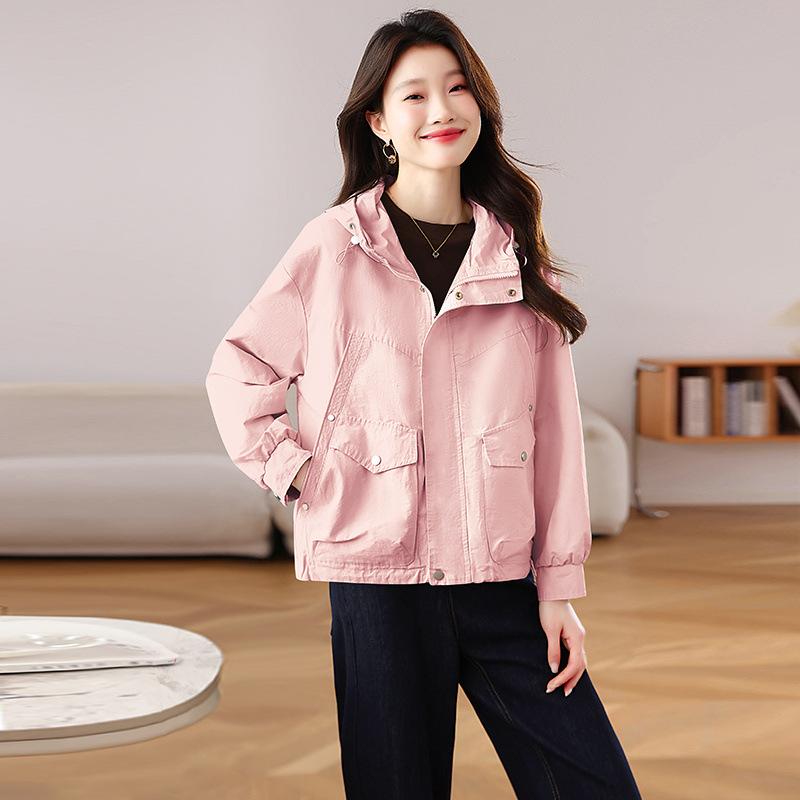 Casual Hooded Tooling Short Coat Women's Spring and Autumn New Korean Version Loose Large Size Small Solid Color Jacket