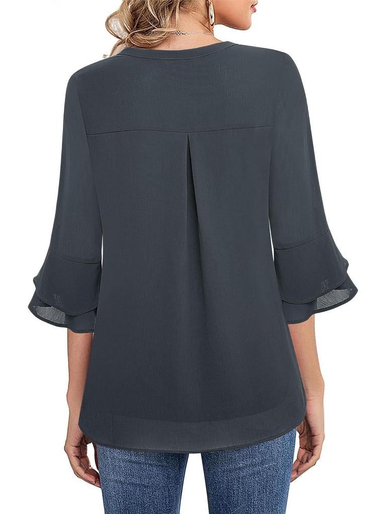 Women's V-Neck Double-Layer Chiffon Top with Flare & Tie-Waist Detailing