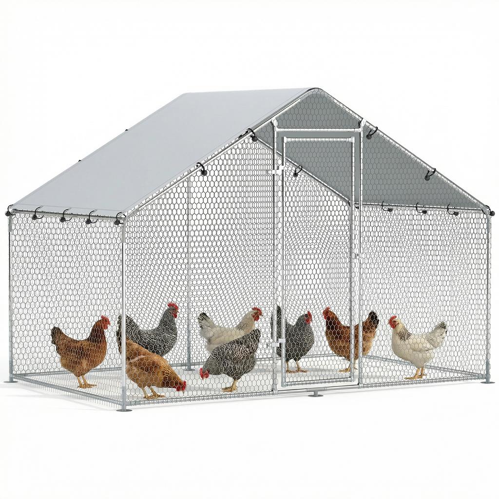 Chicken run for 5 - 8 chickens, roof panels, lockable door, steel frame, 5.1 m², 3 x 1.7 x 1.9 m