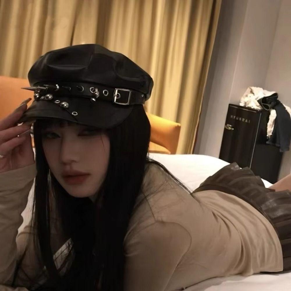 PU Leather Rivet Punk Cap Dark Retro Painter Hat Harajuku Gothic Spike Cap  Headdress