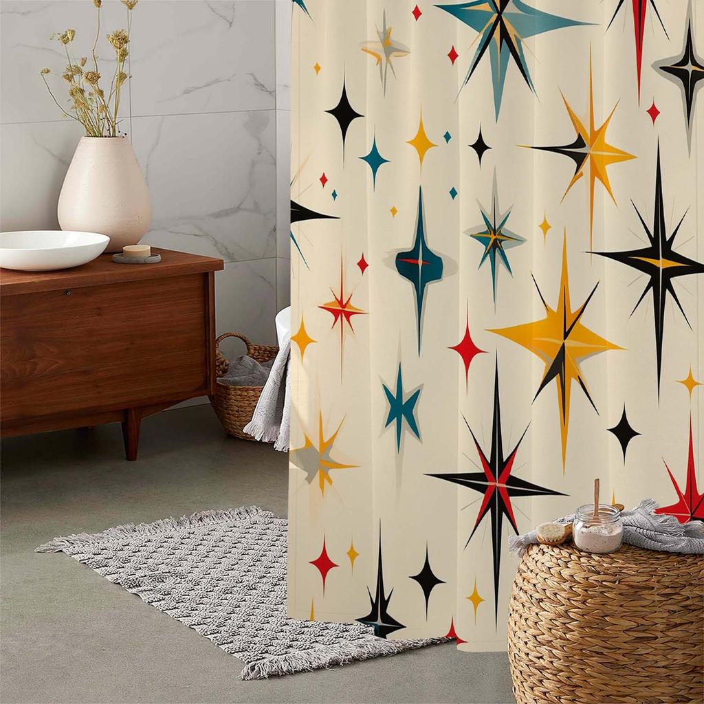 Vintage Star Print Shower Curtain - Colorful Artistic Design, Machine Washable Polyester,  Ideal for Bathroom & Windows