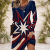 Women Cross V Neck Long Sleeve Dress Red Blue Golden Star Firework Print Irregular Hem Dress