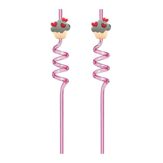 2Pcs Colorful Spiral Straws Creative Drinking Straws with Heart Lip Cake Charm Romantic Pink