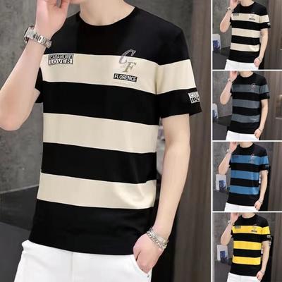 T-shirt Estiva da Uomo Colorblock a Righe Sottile Traspirante Maniche Corte Ampia Girocollo Ricamo Lettere Taglie Forti Pullover