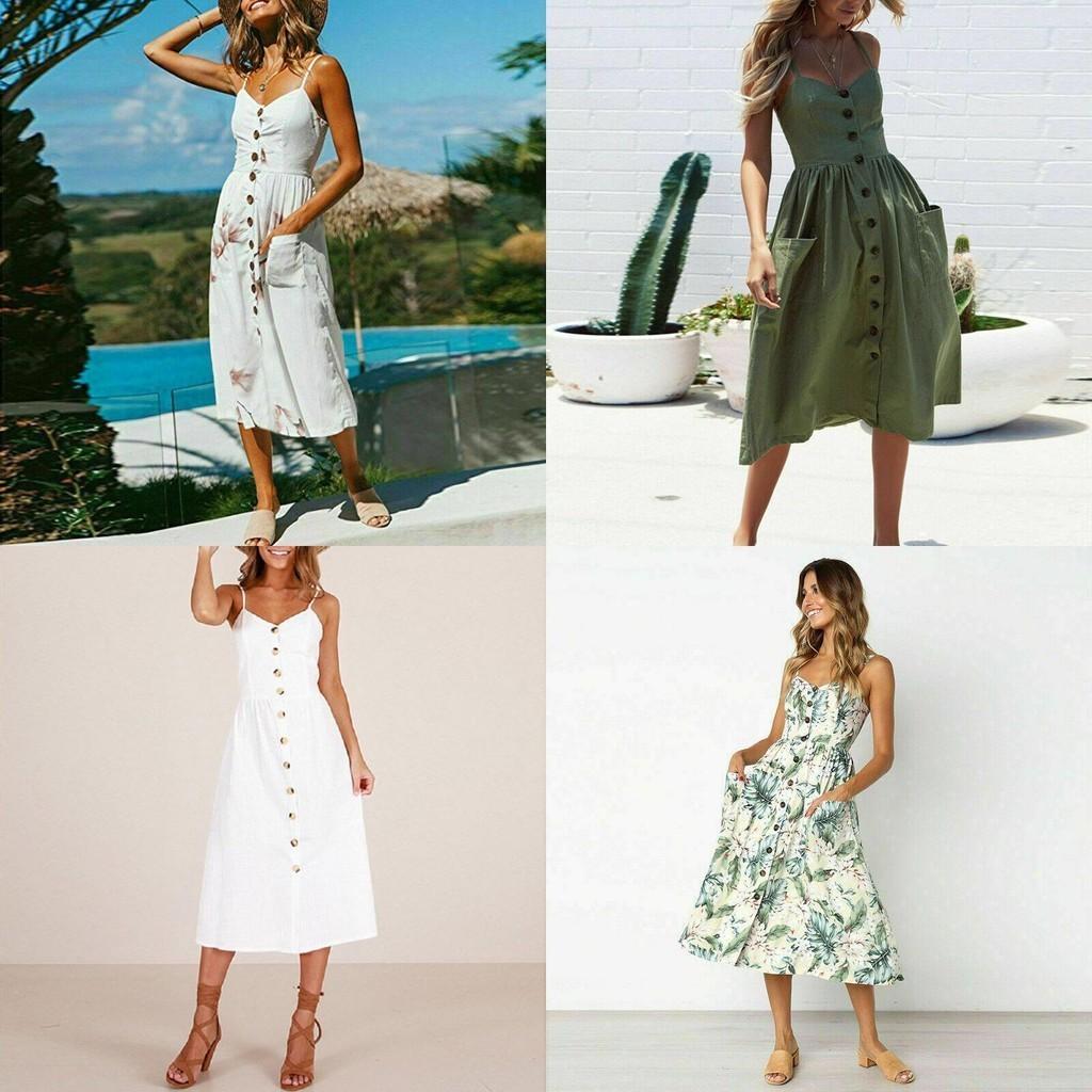 Stylish Boho Women's Summer Beach Midi Dress With Strappy Design And Button Pockets