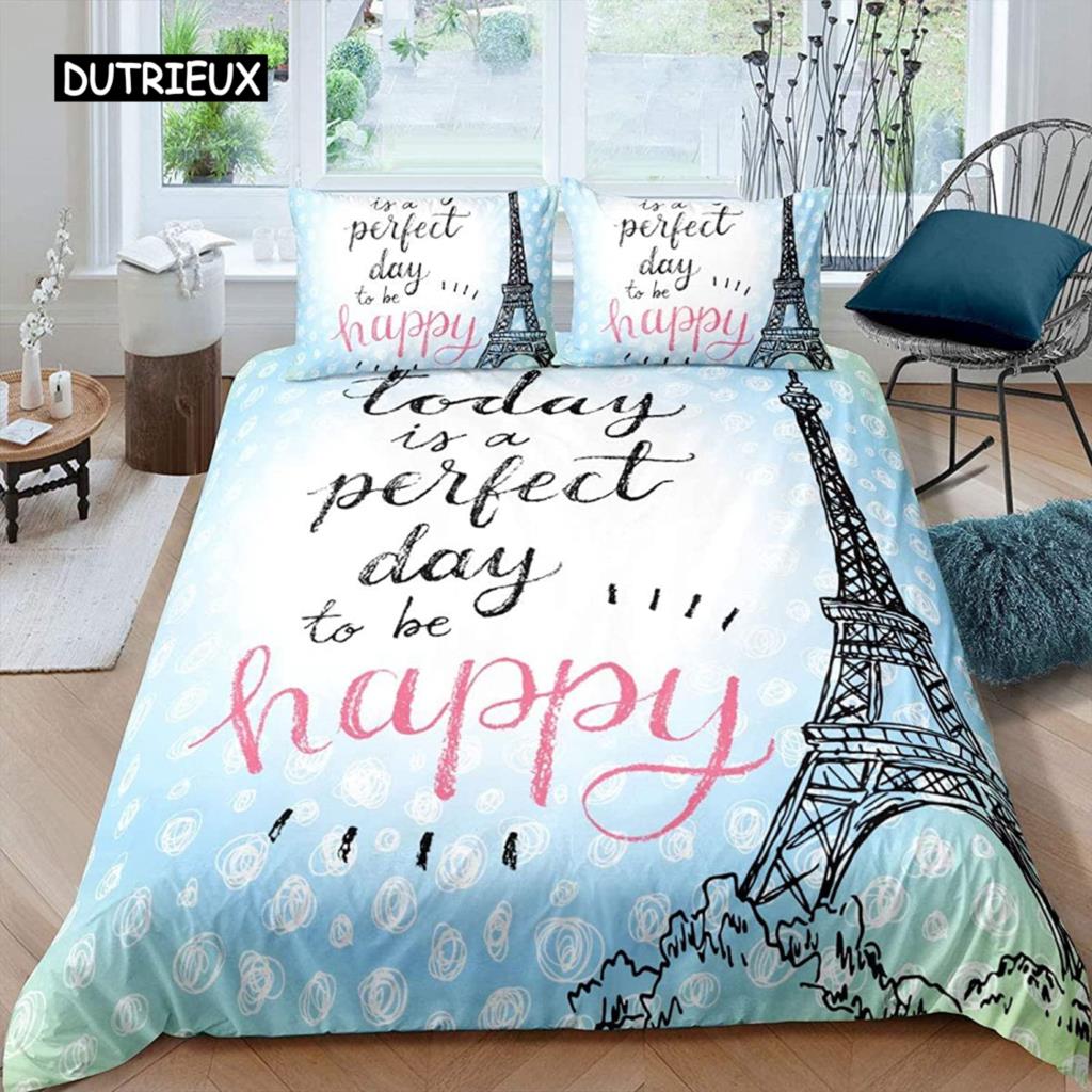 Paris Duvet Cover Set Polyester Paris Theme White Pink Stripe World-Famous Architecture Creativity Double Queen King Quilt Cover