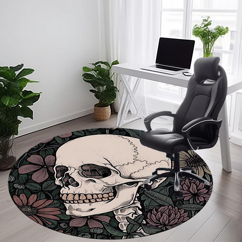 1PC Skull Flowers Office Round Area Rug, Mat Suitable For Office, Under Office Chairs Bedroom Living Room Home Decor, Room Deco