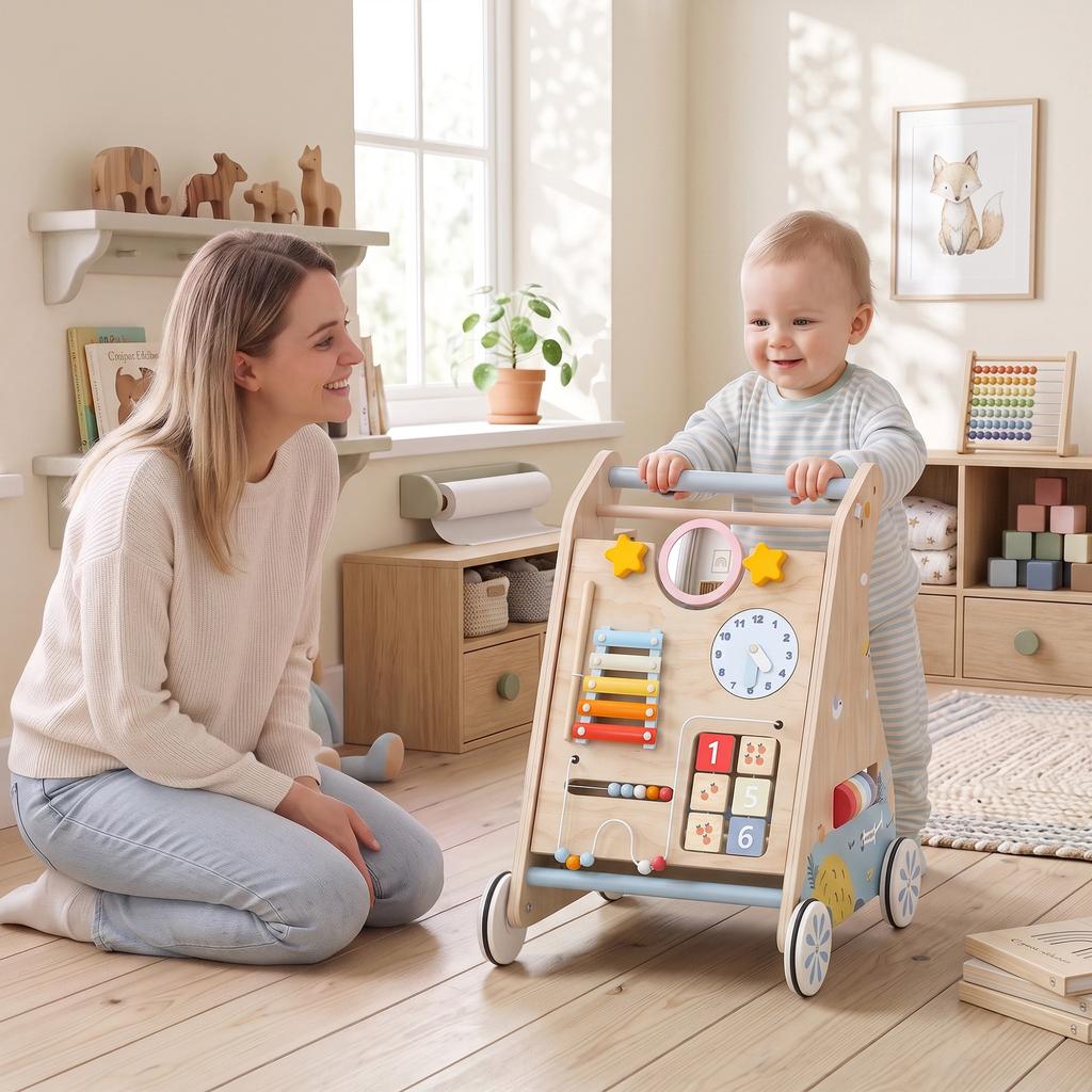 Wooden Baby Walker Detachable Double-Sided Board Wheels Natural