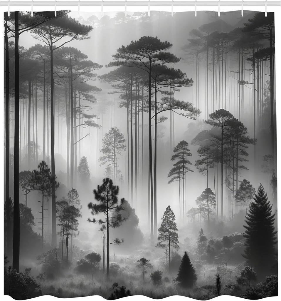 black and white shower curtain misty tall trees woodland natural landscape fabric bathroom decoration shower curtain with hook