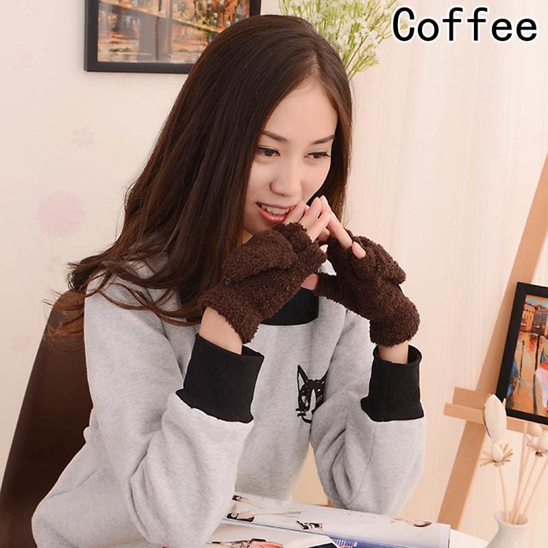 Girls Coral Velvet Flip Cover Half Finger Winter Hand Warmer Mittens Clamshell Gloves Flip Half