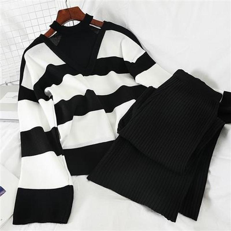 2ks/set Dámské zimní teplákové soupravy 2dílné Kalhotové kostýmy Pletený proužkovaný svetr a kalhoty 2dílná sada Outwear Outwear