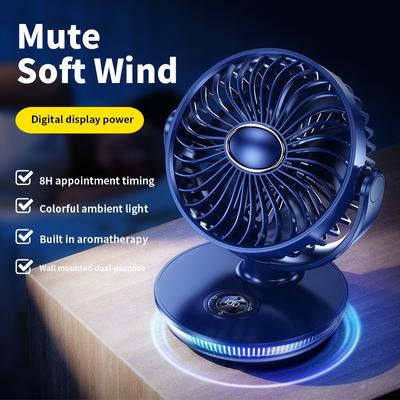 Neuer tragbarer Mini-Ventilator, wiederaufladbar, mit LED-Digitalanzeige, wandmontierbar, mit 8H-Timer, 180° verstellbar, 7 bunte Lichter