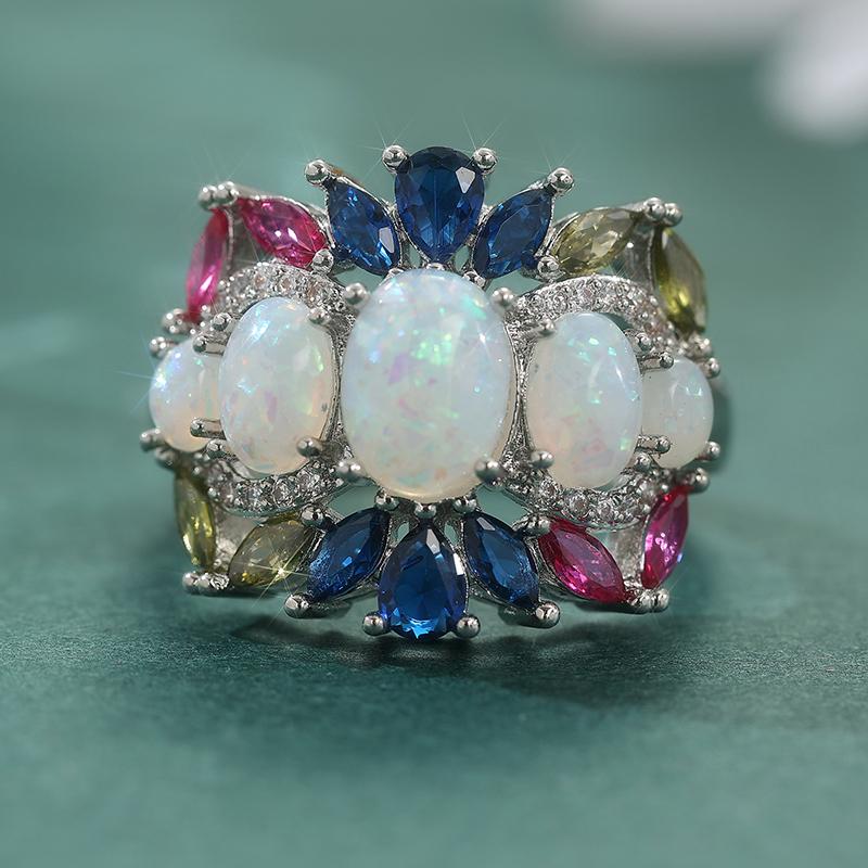 Elegant Inlaid Imitation Opal CZ Women's Ring Exquisite CopperColor Geometry Daily Wear Party Jewelry Anniversary Gift