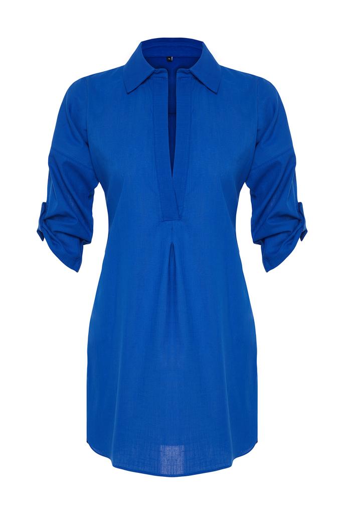 Women's Dress New Season Fashion Blue Mini Woven 100% Cotton Beach Dress