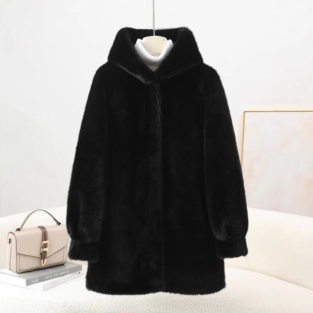 Fur-like One-piece Fur Coat for Women Imitation Mink Hooded Young Mid-length Outerwear
