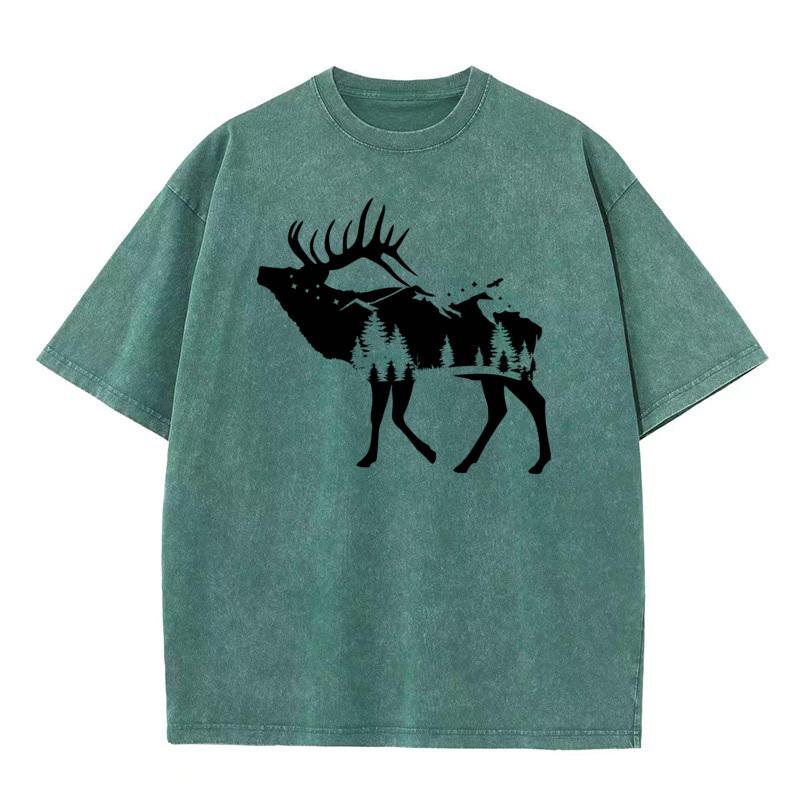 Short Sleeve Tees Christmas Round Neck Combed cotton Woman Washed Tshirts Round Neck Forest Elk Party Washed Tee Shirts Family