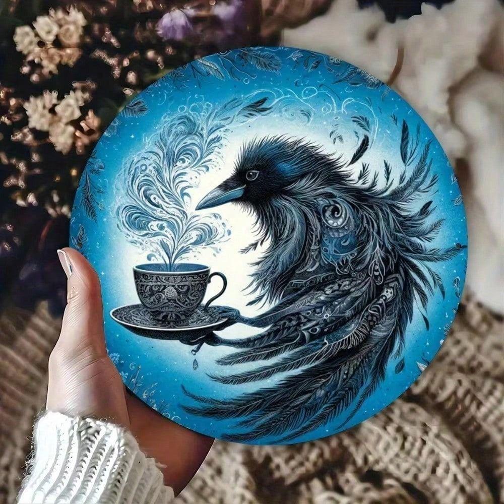 Round Metal Wall Sign Crow Coffee Kitchen Art 20cm
